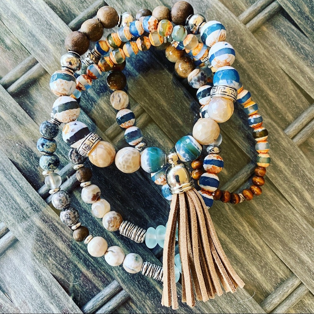 Boho Necklace Long Suede Tassel/Healing Stone Hemp